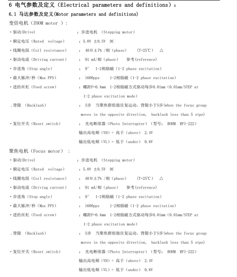 Zoom Lens Motor Parameters